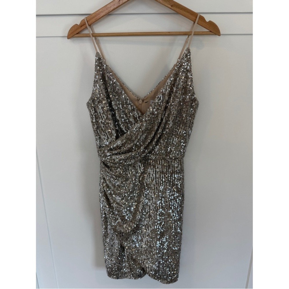 Gianni Bini Sequin Mini Dress Champagne Gold V-Neck Draped Cocktail Party NWT